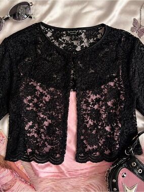 Y2K Black Lace Shrug Cropped Cardigan Sheer Floral Bolero Size S Coquette Goth
